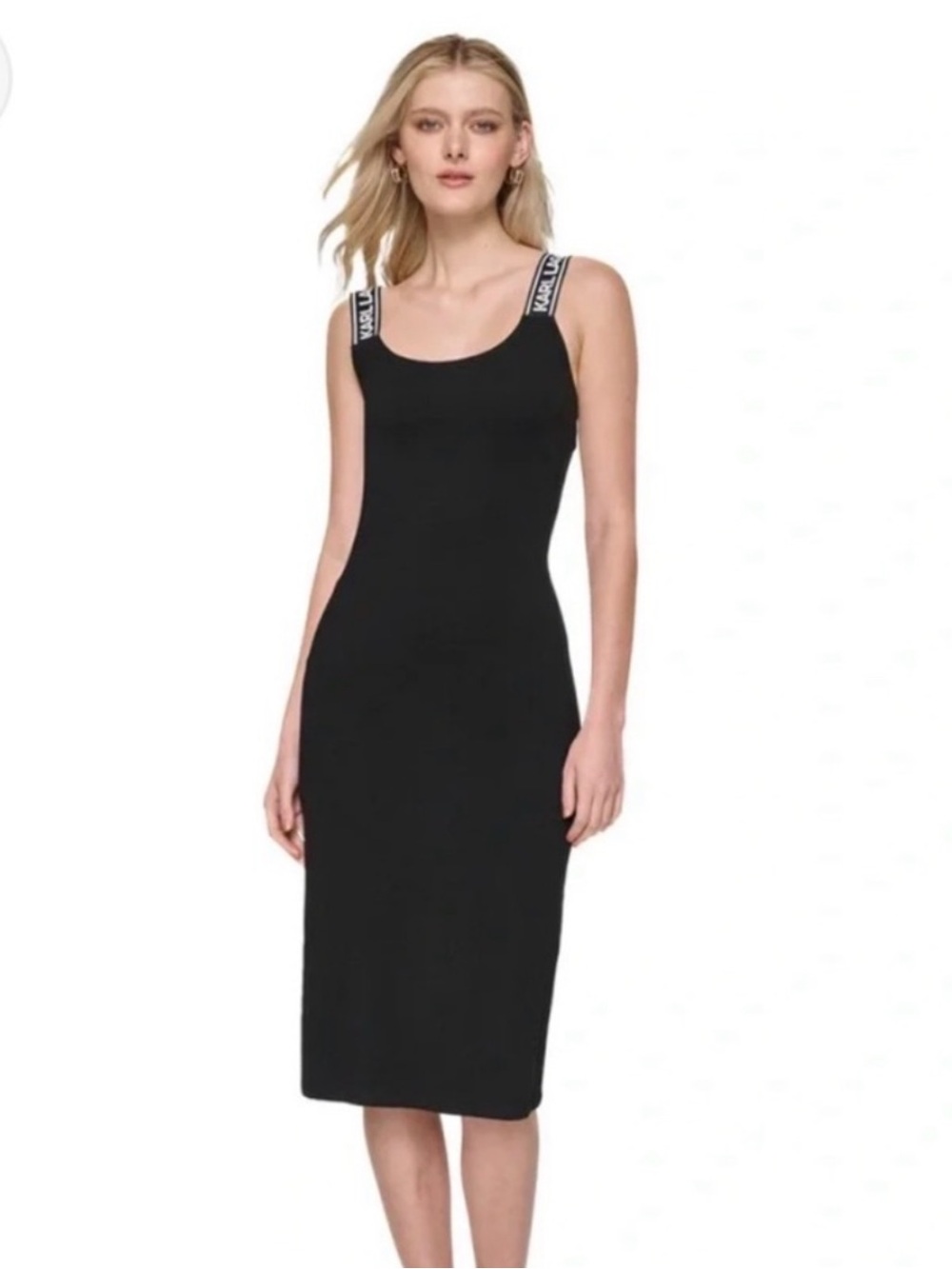 Karl Lagerfeld Black Ribbed Maxi Dress with Logo Straps